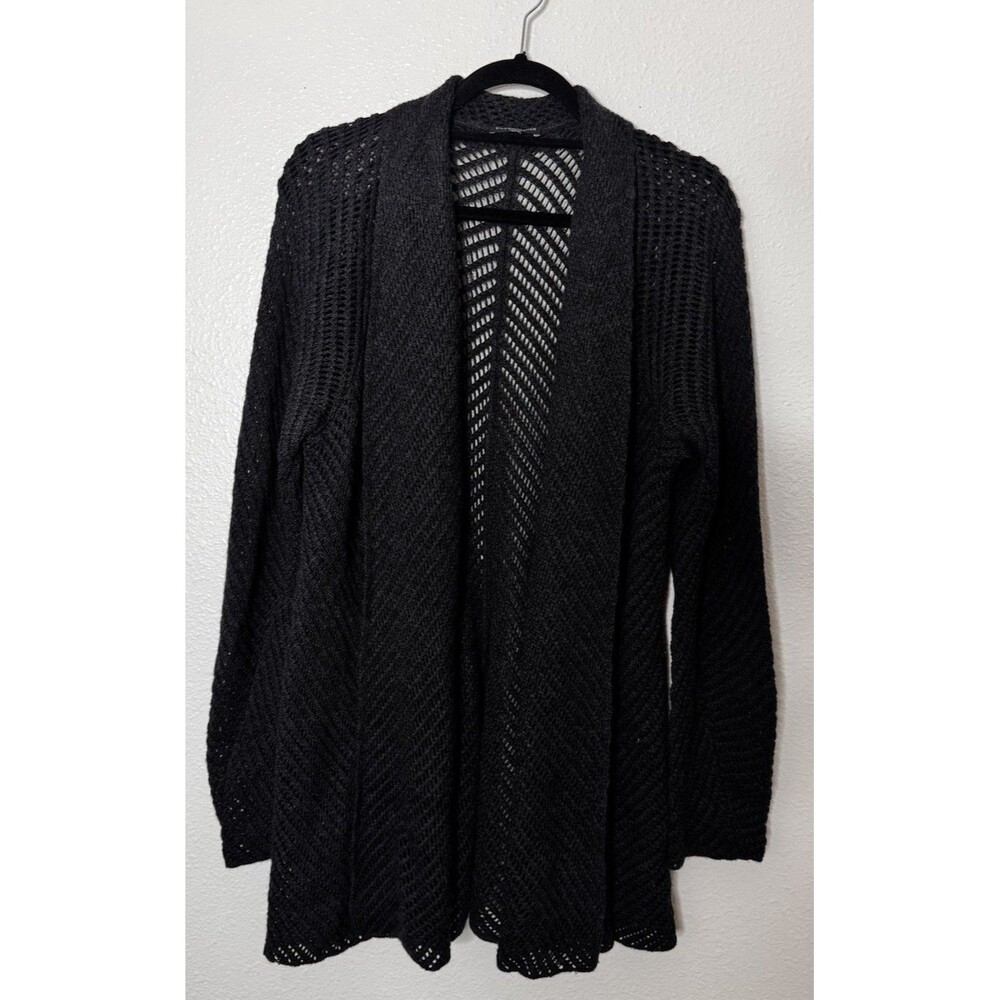 Eileen Fisher Open Front Cardigan Sweater Black Merino WoolLagenlook Open Knit M